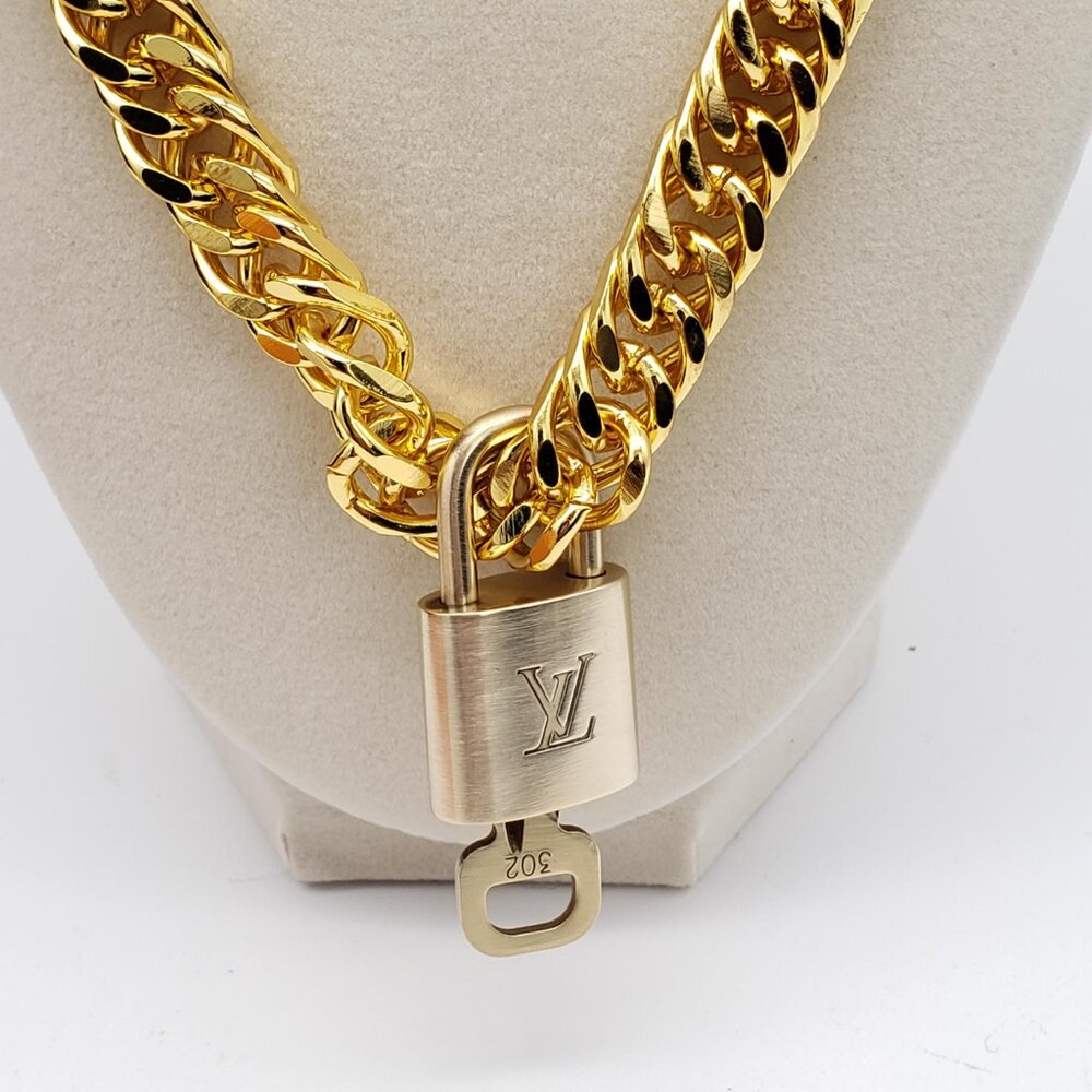 Authentic Louis Vuitton Gold Lock w/Unbranded 18k cuban Gold Plated Chain 011426 - Picture 3 of 10